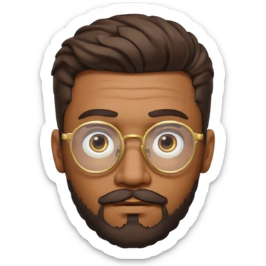 classic emoji style male face with medium-brown skin, short twisted hairstyle, trimmed beard and mustache, gold-rimmed glasses, neutral facial expression, capturing distinctive features from the reference image sticker