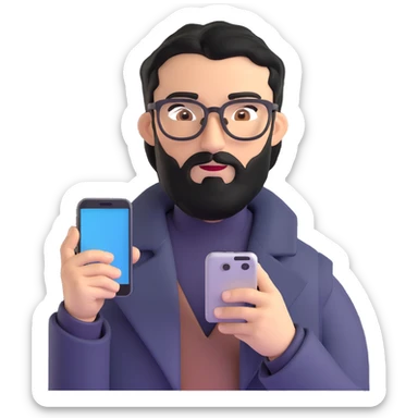 professional man with medium black beard, neat black hair, connected unibrow, olive tan skin, brown eyes, glasses, prominent nose, wearing a black coat, holding a smartphone sticker