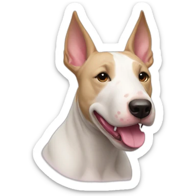 White bull terrier cross with light tan patch and pink nose sticker