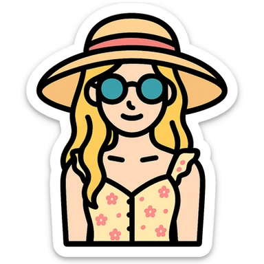 Add a summer hat and glasses to the heroine, maintaining a romantic look in a light dress. sticker