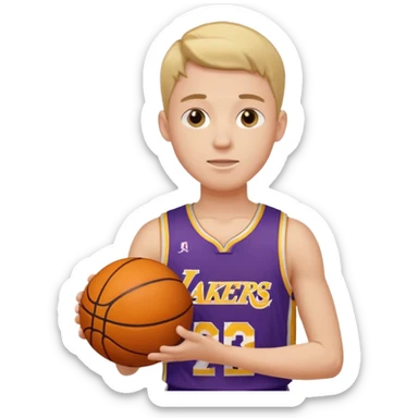 Joven con color de piel claro con uniforme de basquetball laker sosteniendo una pelota de basquet sticker