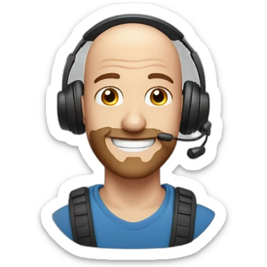 bald man smiling with reddish patchy beard blue eyes wearing a headset sticker