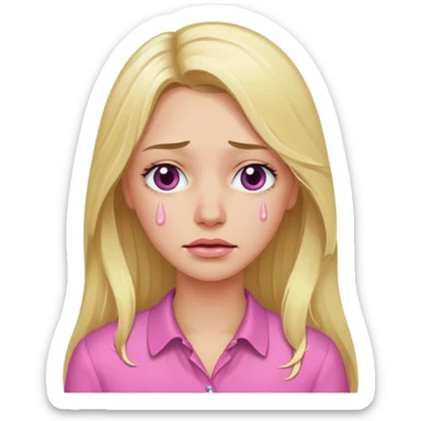 Me with long blond hair in a pink blouse with tears in my eyes sticker