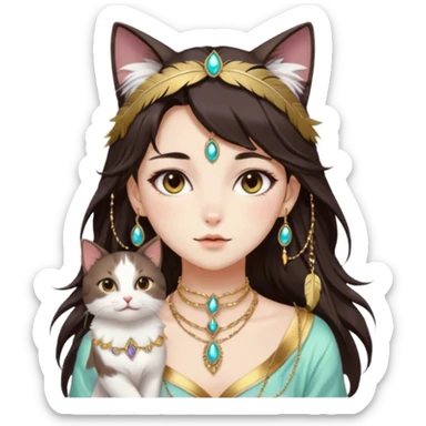 Beautiful gorgeous anime cat-lady with beautiful dark-brown-special-hair, fashion aesthetic, ethereal, feather, accessories, gold jewelries, gold, colorful,  sticker