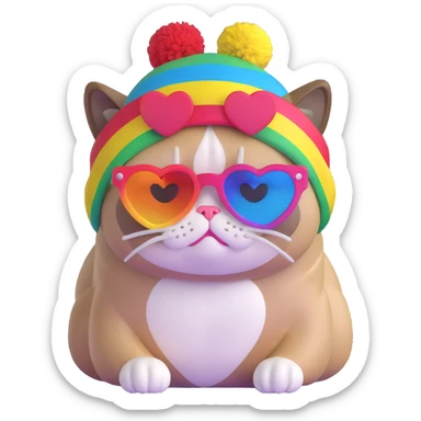 grumpy cat wearing a rainbow beanie and heart-shaped sunglasses sticker