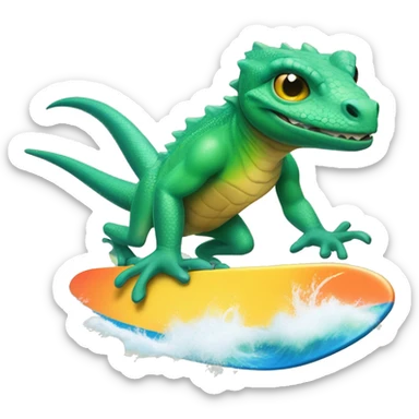 Create an image of a lizard 🦎 riding on a surfboard 🏄 in the ocean 🌊. The lizard should look like it's having fun, with a cool and playful vibe sticker