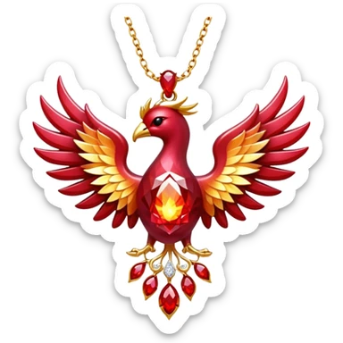 ruby pendant pulsing with fiery light, tiny phoenix emerging inside, haloed by shimmering white stones sticker
