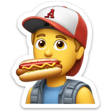 white guy eating a hotdog with a baseball cap on sticker