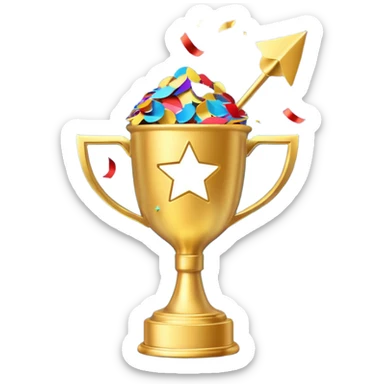 winner's cup with confetti and upward arrow, representing marketing achievement sticker