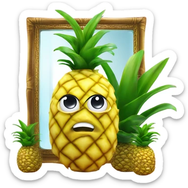 3D elegant pineapple🍍  with big shiny eyes 👀 pineapple holds mirror with its reflection 🪞🍍 sticker