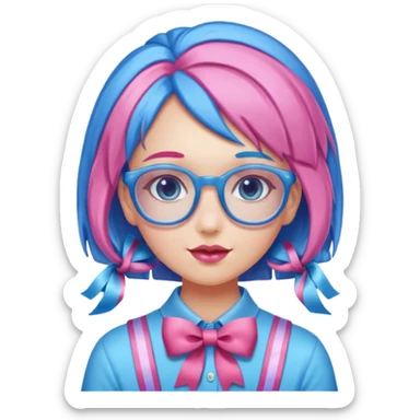 candy girl with very long blue-pink mixed candy hair with ribbon and no tattooes, with glassess sticker