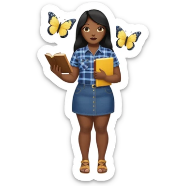 A plus-size Black woman is wearing makeup. She has long, straight black hair and is wearing a short-sleeved flannel shirt with a yellow butterfly print, a denim miniskirt, and sandals. She is standing and holding a book in one hand while extending her forearm upward with the other. sticker