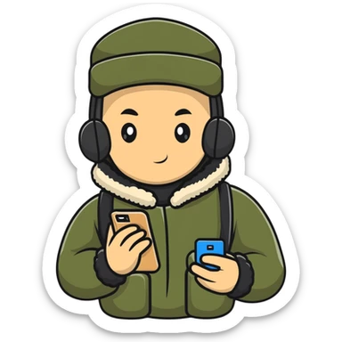 Russian military blogger wearing an ushanka hat and a vatnik, holding a smartphone sticker