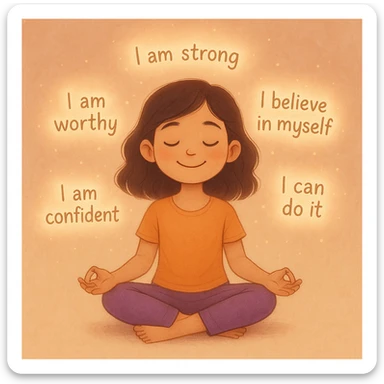 a girl sitting cross-legged, eyes closed, hands on knees, meditating with a peaceful smile, surrounded by soft glowing affirmations, representing affirmation meditation for her goals, gentle and uplifting atmosphere sticker