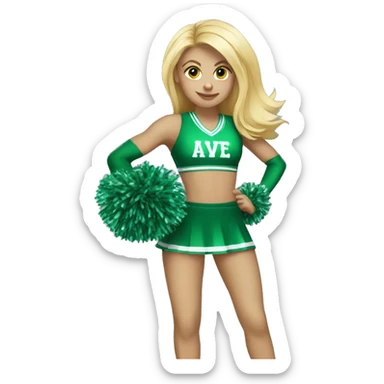 blonde cheerleader wearing green uniform holding green pompoms sticker