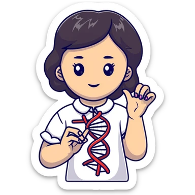 Ukrainian girl with dark hair in an embroidered traditional shirt holds a DNA molecule in her hand sticker