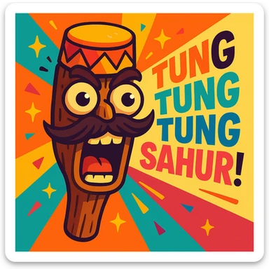 chaotic wooden club emoji with bug eyes, carved face, wild mustache, drum hat, sparkles, yelling 'TUNG TUNG TUNG SAHUR!', colorful dynamic style sticker