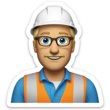 blonde man, no beard but with mustache, blue/green eyes, glasses, wearing white hard hat that says ”gmc” in orange letters, orange safety vest, blue shirt sticker