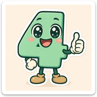 Add a cute, expressive cartoon face to the number 4, keeping the playful cartoon style consistent with chibi stickers style. sticker