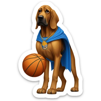 A bloodhound with a blue and Gold cape dunking a basketball! sticker