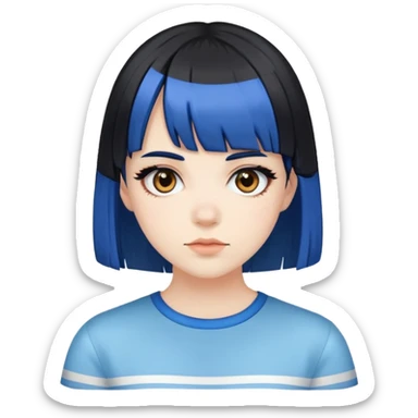 Pale girl with brown eyes, black hair, with two strips of blue hair and bangs sticker