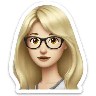 young woman, pale skin, long length dark brown wolfcut hair, glasses, blonde bangs sticker