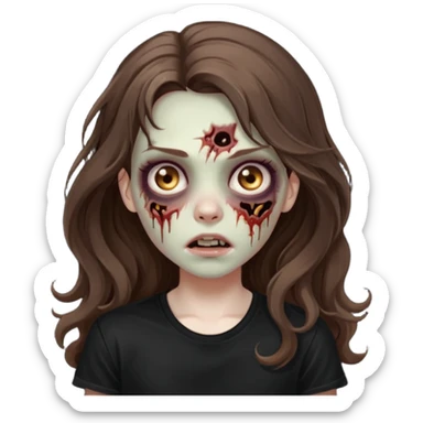 crie um emoji de uma garota zoombie cabelo castanho e longo , assustadora e fofa com cabelo ondulado 2b e camiseta básica preta sticker