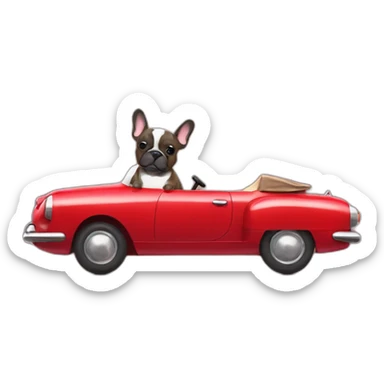 brindle french bulldog driving a red car sticker