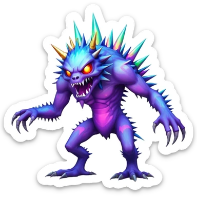 A monstrous digital error with pixelated spikes, distorted limbs, and a flickering holographic aura, Glitch Beast sticker