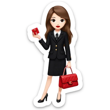 White girl with brown long hair dressed up in black chanel tweed suit with a red chanel bag and red lipstick sticker