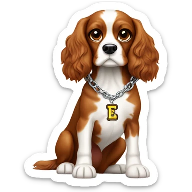 a cavalier spaniel dog wearing a chain that says “pleej” sticker