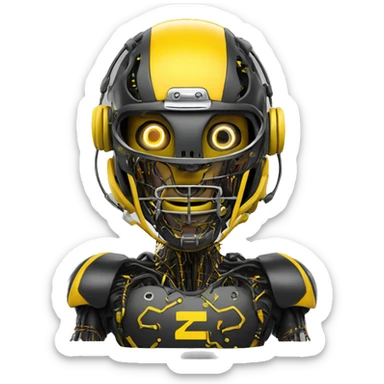 Black and yellow cyborg head with football helmet and circuits sticker