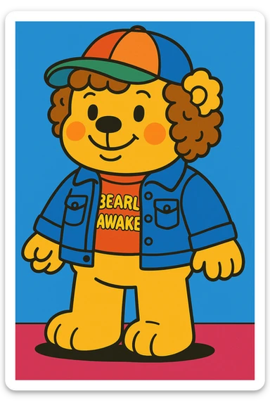 Dustin-bear wearing a denim jacket, funny t-shirt, colorful cap, curly hair, friendly smile, in Bobbie Goods style. sticker