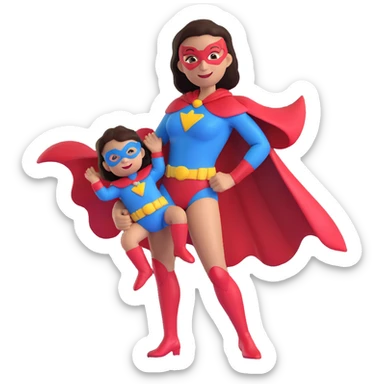 super mom, holding a child, superhero costume, cheerful sticker
