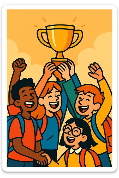quatre étudiants heureux soulèvent ensemble un trophée, style illustration expressive, fond simple, ambiance de victoire sticker