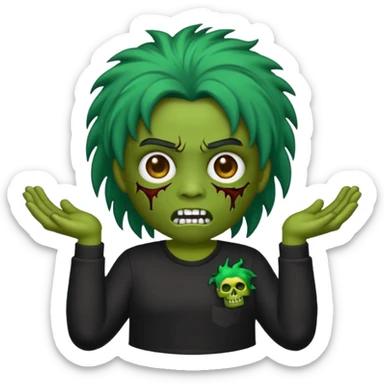 Faça um emoji de um garoto zumbi de cabelos pretos curtos com mechas loiras e com uma camisa preta de mangas compridas. sticker