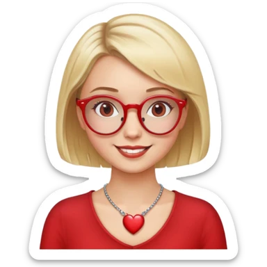 white girl head with short blonde bob hair, red round glasses, heart necklace, smiling sticker