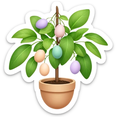 A potted plant with pastel colored eggs hanging from it sticker
