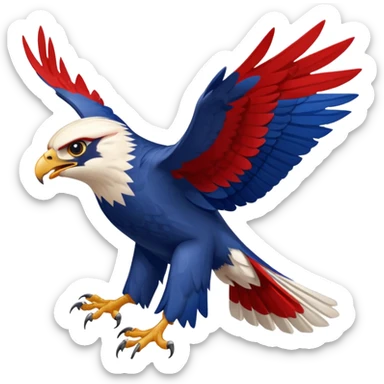 a falcon crashing toward the ground, beak open, talons out, intense expression, falcon colored red, white, and blueish sticker