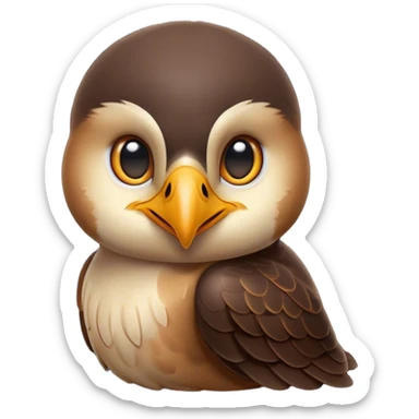Cinematic Cute Hawk Portrait Emoji, Head tilted playfully and inquisitively, featuring a compact, streamlined form with a delicately curved beak and round, sparkling eyes full of curious charm, Simplified yet irresistibly adorable features, highly detailed, glowing with a warm, inviting glow, high shine, affectionate and lively, stylized with a touch of whimsical aerial grace, soft glowing outline, capturing the essence of a mischievous yet endearing hawk that seems as if it could swoop out of the screen into your heart! sticker
