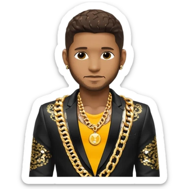 Usher with dark brown hair, black sequin suit jacket, shirtless with necklace sticker