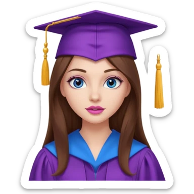 girl with beautiful very long brown hair, blue eyes, long lashes makeup, sexy pink lips, wearing a purple graduation cap and gown sticker
