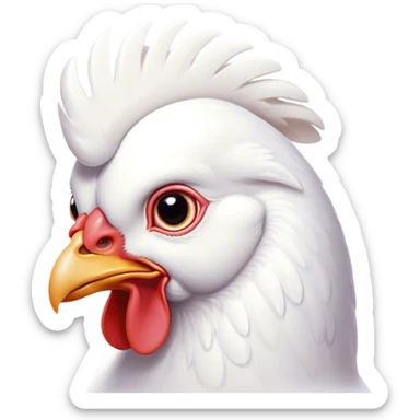Cinematic Noble White Chicken Portrait Emoji, Poised and regal, with a compact, sturdy build and a pristine, well-groomed pure white plumage, deep-set soulful beady eyes, Simplified yet sharp and sophisticated features, highly detailed, glowing with a soft, dignified glow, high shine, intelligent and alert, stylized with an air of barnyard elegance, focused and attentive, soft glowing outline, capturing the essence of a watchful and confident fowl, so majestic it feels as though it could strut out of the screen with effortless authority! sticker