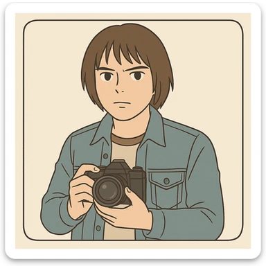 Jonathan Byers from Stranger Things with straight hair, denim jacket, holding a camera, serious expression, simple line art, light pastel tones, thick outlines, in Ghibli style, 1:1 format, inspired by the provided references. sticker