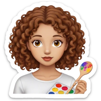 girl with brown curly hair holding paint palette  sticker