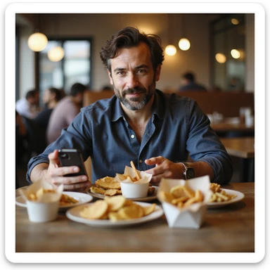 Uomo che ordina spesso cibo a domicilio tramite app, sacchetti di fast food sul tavolo, smartphone in mano, testo in italiano: 'Cibo pronto, zero fatica'. sticker