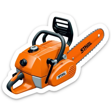 Kettensäge Stihl MS500i von der Seite, mit gut sichtbarem Stihl-Logo, orange-graue Farben, einfacher Emoji-Stil sticker