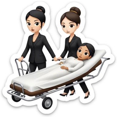 Two woman in black pants suits. One has black hair in a bun and one has brown long hair. They are pushing a stretcher with a dead body on it covers in sheets in to a black funeral Mercedes Vito car  sticker