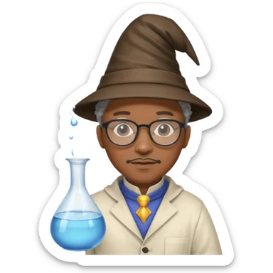 black scientist with glasses, wearing wizard hat custome, with glass vase sticker