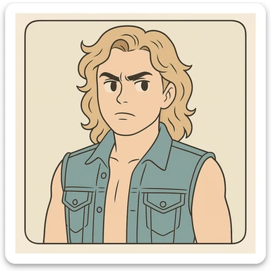 Billy Hargrove from Stranger Things with wavy blonde hair, sleeveless denim jacket, defiant expression, simple line art, light pastel tones, thick outlines, in Ghibli style, 1:1 format, inspired by the provided references. sticker